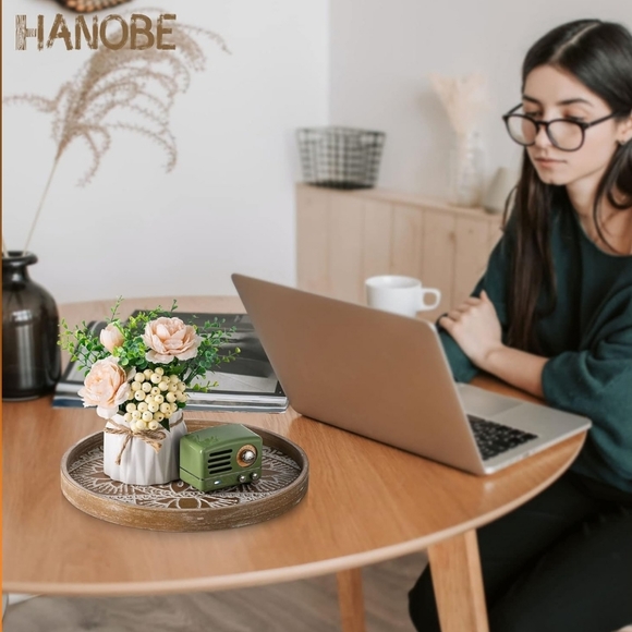 Hanobe Round Wood Decorative Coffee Table Tray Rustic Boho Washed Centerpiece - Picture 2 of 10